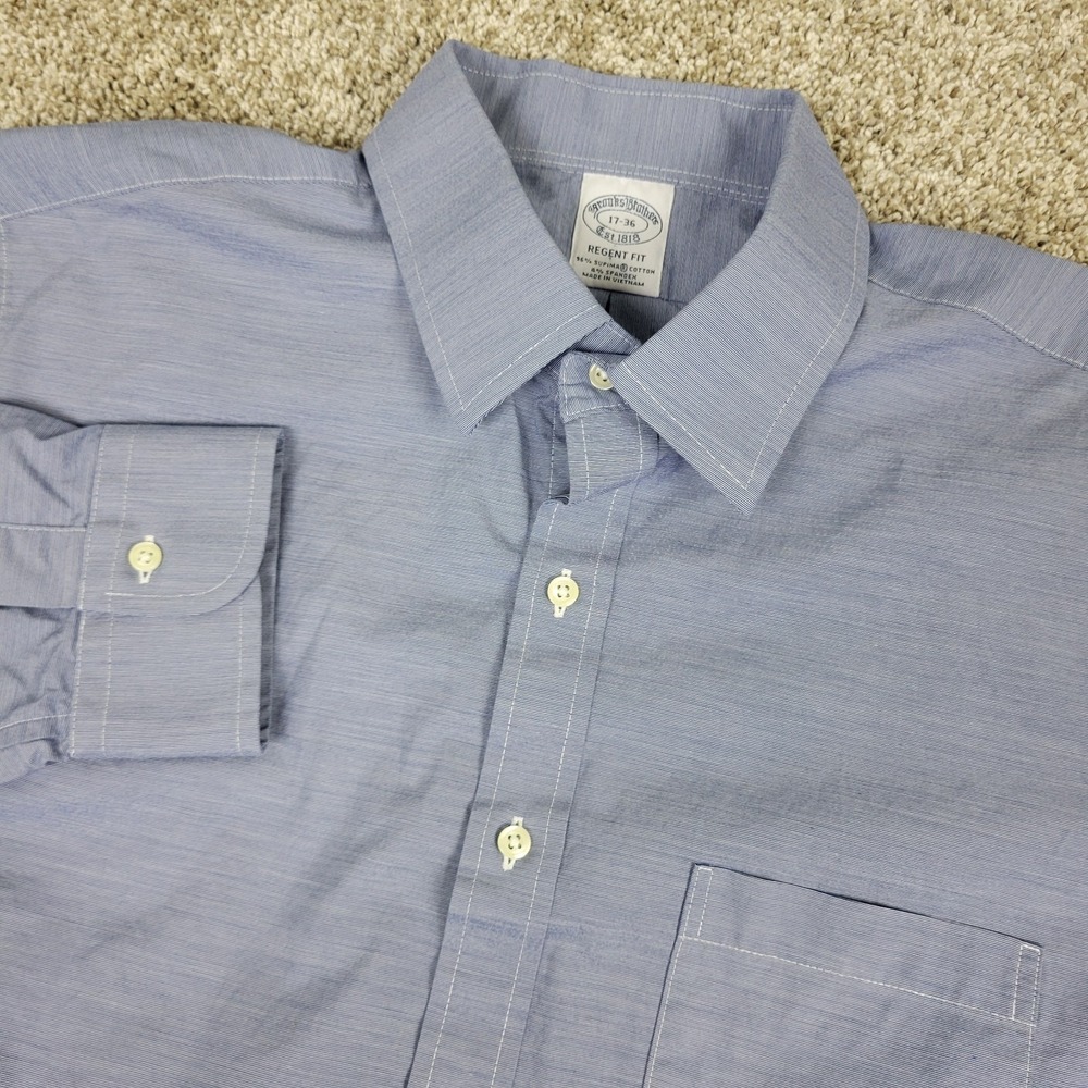 Brooks Brothers Regent Fit Mens 17-36 Blue Mini Striped Button Up Long Sleeve